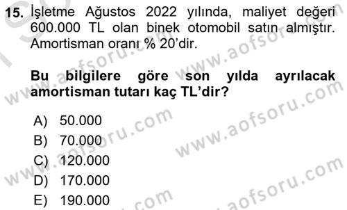 Envanter ve Bilanço Dersi 2023 - 2024 Yılı (Final) Dönem Sonu Sınav Soruları 15. Soru