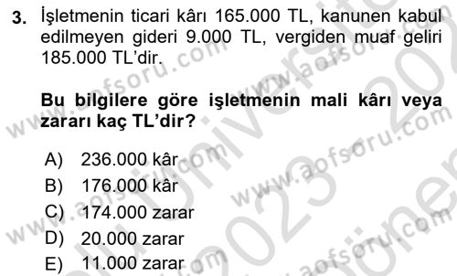 Envanter ve Bilanço Dersi 2023 - 2024 Yılı (Final) Dönem Sonu Sınavı 3. Soru