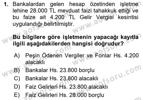 Envanter ve Bilanço Dersi 2023 - 2024 Yılı Yaz Okulu Sınav Soruları 1. Soru
