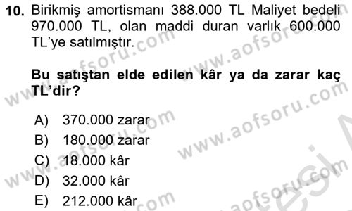 Envanter ve Bilanço Dersi 2023 - 2024 Yılı Yaz Okulu Sınav Soruları 10. Soru