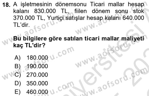 Envanter ve Bilanço Dersi 2023 - 2024 Yılı Yaz Okulu Sınav Soruları 18. Soru