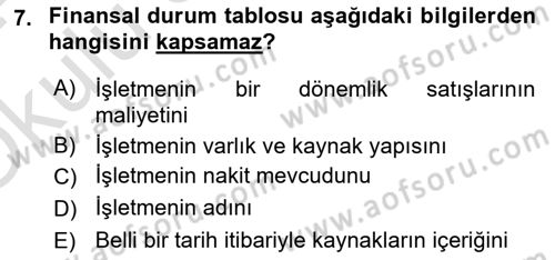 Envanter ve Bilanço Dersi 2023 - 2024 Yılı Yaz Okulu Sınav Soruları 7. Soru