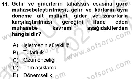 Envanter ve Bilanço Dersi Ara Sınavı Deneme Sınav Soruları 11. Soru
