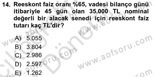Envanter ve Bilanço Dersi Ara Sınavı Deneme Sınav Soruları 14. Soru