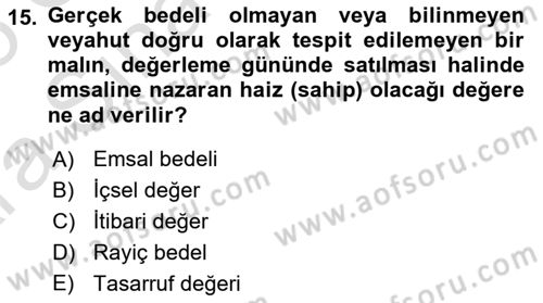 Envanter ve Bilanço Dersi Ara Sınavı Deneme Sınav Soruları 15. Soru
