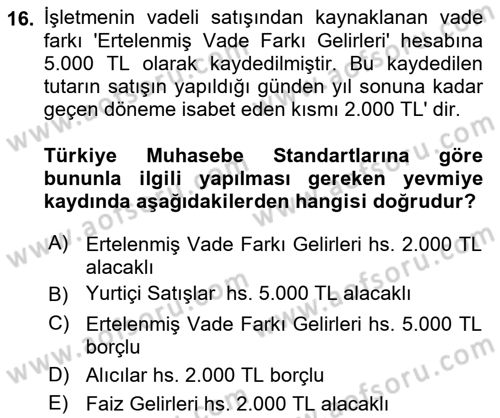 Envanter ve Bilanço Dersi Ara Sınavı Deneme Sınav Soruları 16. Soru
