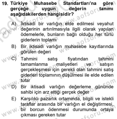 Envanter ve Bilanço Dersi Ara Sınavı Deneme Sınav Soruları 19. Soru