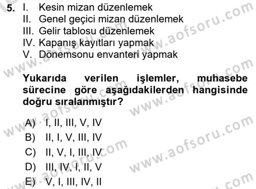 Envanter ve Bilanço Dersi Ara Sınavı Deneme Sınav Soruları 5. Soru