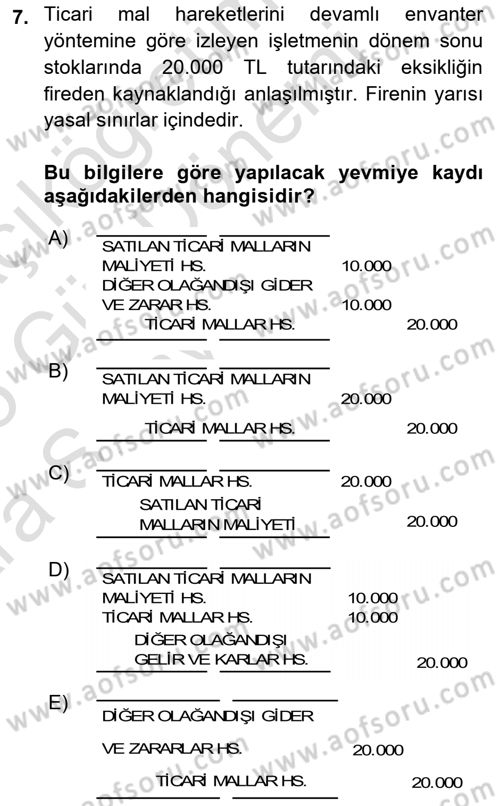Envanter ve Bilanço Dersi 2024 - 2025 Yılı (Vize) Ara Sınav Soruları 7. Soru