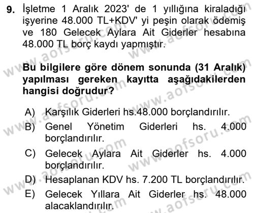 Envanter ve Bilanço Dersi Ara Sınavı Deneme Sınav Soruları 9. Soru