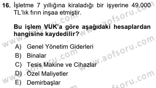 Envanter ve Bilanço Dersi 2024 - 2025 Yılı (Final) Dönem Sonu Sınav Soruları 16. Soru