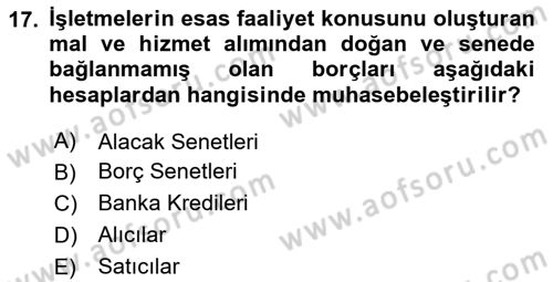 Envanter ve Bilanço Dersi 2024 - 2025 Yılı (Final) Dönem Sonu Sınav Soruları 17. Soru