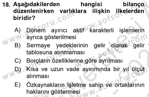 Envanter ve Bilanço Dersi 2024 - 2025 Yılı (Final) Dönem Sonu Sınav Soruları 18. Soru