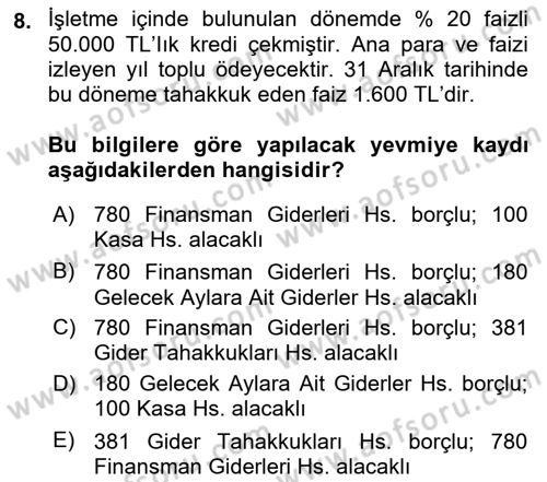 Envanter ve Bilanço Dersi 2024 - 2025 Yılı (Final) Dönem Sonu Sınav Soruları 8. Soru