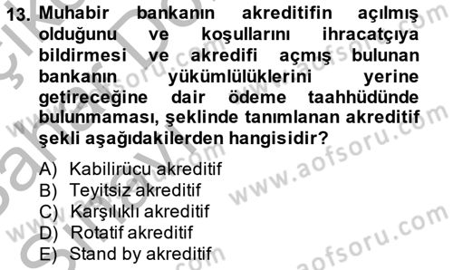 Dış Ticaret İşlemlerinin Muhasebeleştirilmesi Dersi 2013 - 2014 Yılı (Vize) Ara Sınav Soruları 13. Soru