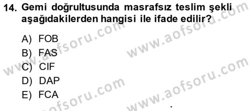 Dış Ticaret İşlemlerinin Muhasebeleştirilmesi Dersi 2014 - 2015 Yılı (Vize) Ara Sınavı 14. Soru