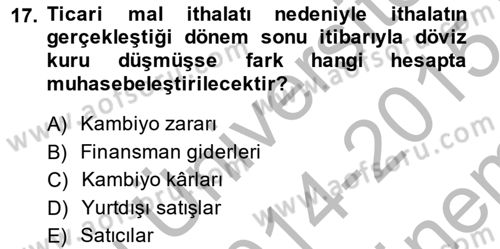 Dış Ticaret İşlemlerinin Muhasebeleştirilmesi Dersi 2014 - 2015 Yılı (Final) Dönem Sonu Sınav Soruları 17. Soru