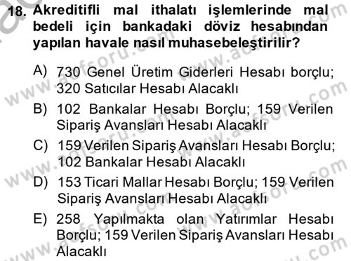 Dış Ticaret İşlemlerinin Muhasebeleştirilmesi Dersi 2014 - 2015 Yılı (Final) Dönem Sonu Sınav Soruları 18. Soru