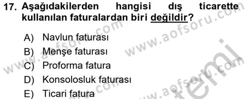 Dış Ticaret İşlemlerinin Muhasebeleştirilmesi Dersi 2016 - 2017 Yılı (Vize) Ara Sınavı 17. Soru