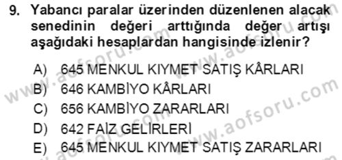 Dış Ticaret İşlemlerinin Muhasebeleştirilmesi Dersi 2017 - 2018 Yılı (Final) Dönem Sonu Sınav Soruları 9. Soru