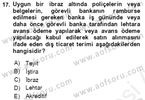 Dış Ticaret İşlemlerinin Muhasebeleştirilmesi Dersi 2018 - 2019 Yılı (Vize) Ara Sınav Soruları 17. Soru