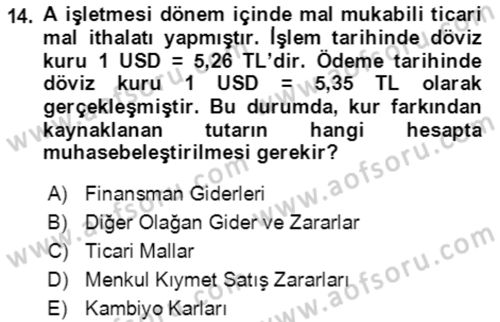 Dış Ticaret İşlemlerinin Muhasebeleştirilmesi Dersi 2018 - 2019 Yılı (Final) Dönem Sonu Sınavı 14. Soru