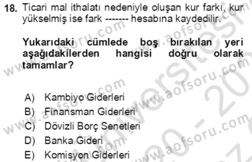Dış Ticaret İşlemlerinin Muhasebeleştirilmesi Dersi 2020 - 2021 Yılı Yaz Okulu Sınav Soruları 18. Soru