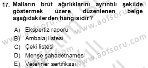 Dış Ticaret İşlemlerinin Muhasebeleştirilmesi Dersi 2021 - 2022 Yılı (Vize) Ara Sınav Soruları 17. Soru