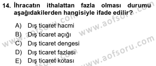 Dış Ticaret İşlemlerinin Muhasebeleştirilmesi Dersi 2021 - 2022 Yılı Yaz Okulu Sınav Soruları 14. Soru