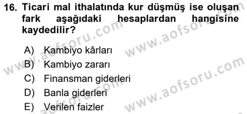 Dış Ticaret İşlemlerinin Muhasebeleştirilmesi Dersi 2022 - 2023 Yılı Yaz Okulu Sınav Soruları 16. Soru