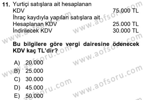 Dış Ticaret İşlemlerinin Muhasebeleştirilmesi Dersi 2024 - 2025 Yılı (Final) Dönem Sonu Sınav Soruları 11. Soru