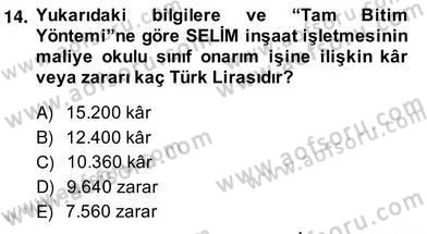 İnşaat ve Gayrimenkul Muhasebesi Dersi 2013 - 2014 Yılı (Vize) Ara Sınav Soruları 14. Soru