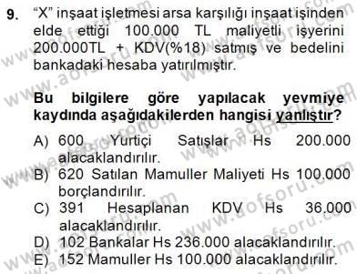 İnşaat ve Gayrimenkul Muhasebesi Dersi 2014 - 2015 Yılı (Final) Dönem Sonu Sınav Soruları 9. Soru