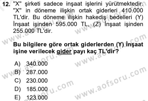 İnşaat ve Gayrimenkul Muhasebesi Dersi 2015 - 2016 Yılı (Vize) Ara Sınav Soruları 12. Soru