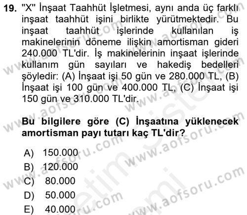 İnşaat ve Gayrimenkul Muhasebesi Dersi 2015 - 2016 Yılı (Vize) Ara Sınav Soruları 19. Soru