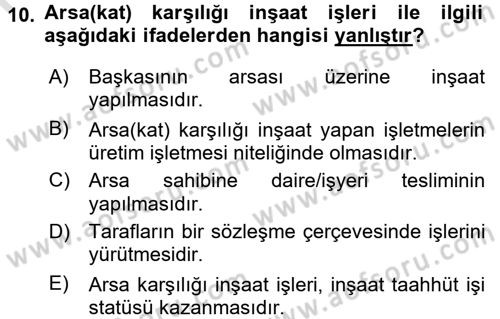 İnşaat ve Gayrimenkul Muhasebesi Dersi 2015 - 2016 Yılı (Final) Dönem Sonu Sınav Soruları 10. Soru