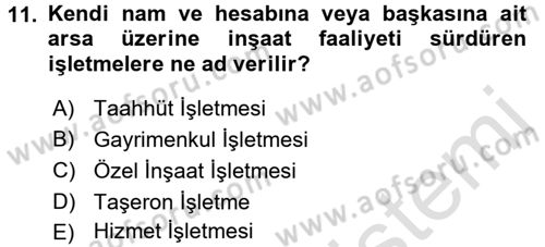 İnşaat ve Gayrimenkul Muhasebesi Dersi 2015 - 2016 Yılı (Final) Dönem Sonu Sınav Soruları 11. Soru