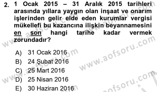 İnşaat ve Gayrimenkul Muhasebesi Dersi 2015 - 2016 Yılı (Final) Dönem Sonu Sınav Soruları 2. Soru