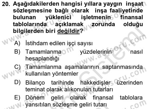 İnşaat ve Gayrimenkul Muhasebesi Dersi 2015 - 2016 Yılı (Final) Dönem Sonu Sınav Soruları 20. Soru