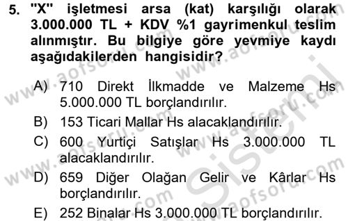 İnşaat ve Gayrimenkul Muhasebesi Dersi 2015 - 2016 Yılı (Final) Dönem Sonu Sınav Soruları 5. Soru