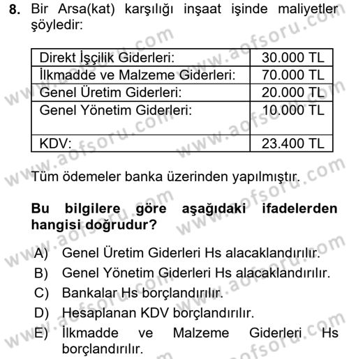 İnşaat ve Gayrimenkul Muhasebesi Dersi 2015 - 2016 Yılı (Final) Dönem Sonu Sınav Soruları 8. Soru