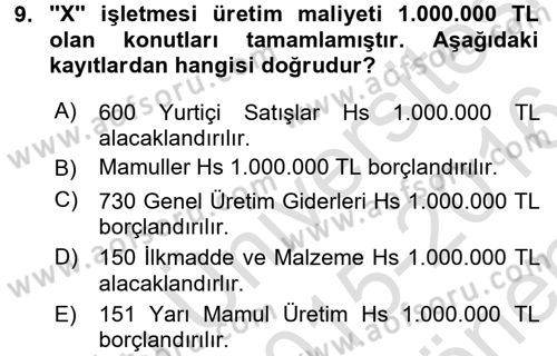 İnşaat ve Gayrimenkul Muhasebesi Dersi 2015 - 2016 Yılı (Final) Dönem Sonu Sınav Soruları 9. Soru