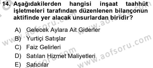 İnşaat ve Gayrimenkul Muhasebesi Dersi 2016 - 2017 Yılı (Vize) Ara Sınav Soruları 14. Soru