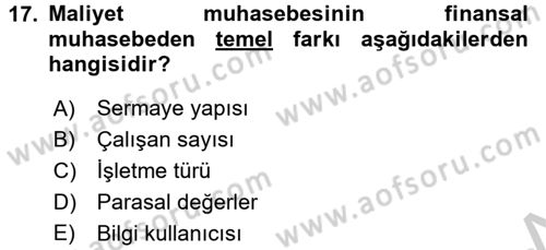 İnşaat ve Gayrimenkul Muhasebesi Dersi 2016 - 2017 Yılı (Vize) Ara Sınav Soruları 17. Soru