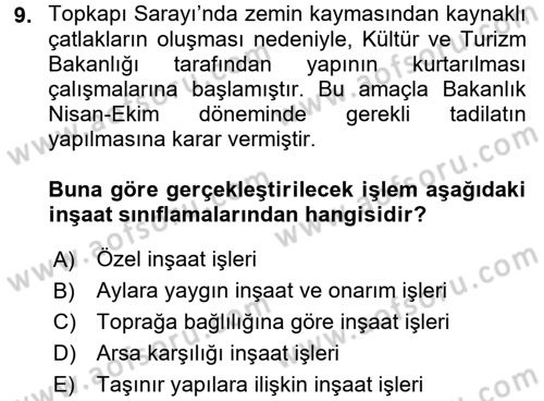 İnşaat ve Gayrimenkul Muhasebesi Dersi 2016 - 2017 Yılı (Vize) Ara Sınav Soruları 9. Soru