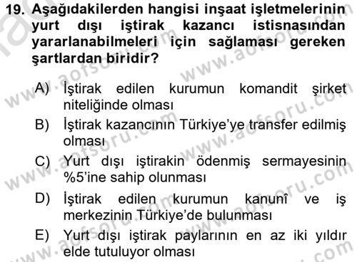 İnşaat ve Gayrimenkul Muhasebesi Dersi 2018 - 2019 Yılı 3 Ders Sınav Soruları 19. Soru