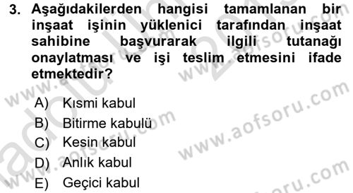 İnşaat ve Gayrimenkul Muhasebesi Dersi 2018 - 2019 Yılı 3 Ders Sınav Soruları 3. Soru