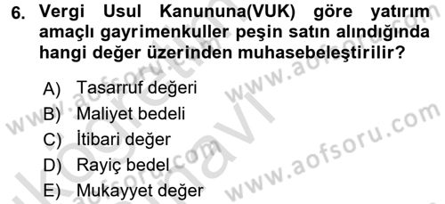 İnşaat ve Gayrimenkul Muhasebesi Dersi 2018 - 2019 Yılı 3 Ders Sınav Soruları 6. Soru