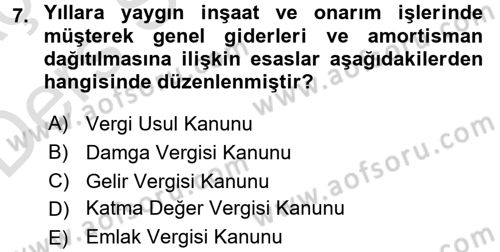 İnşaat ve Gayrimenkul Muhasebesi Dersi 2018 - 2019 Yılı 3 Ders Sınav Soruları 7. Soru
