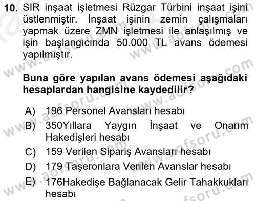 İnşaat ve Gayrimenkul Muhasebesi Dersi 2018 - 2019 Yılı (Vize) Ara Sınav Soruları 10. Soru